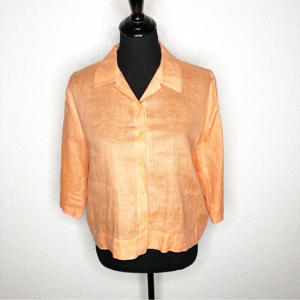 Eileen Fisher orange Irish linen boxy button down top size Petite Medium PM